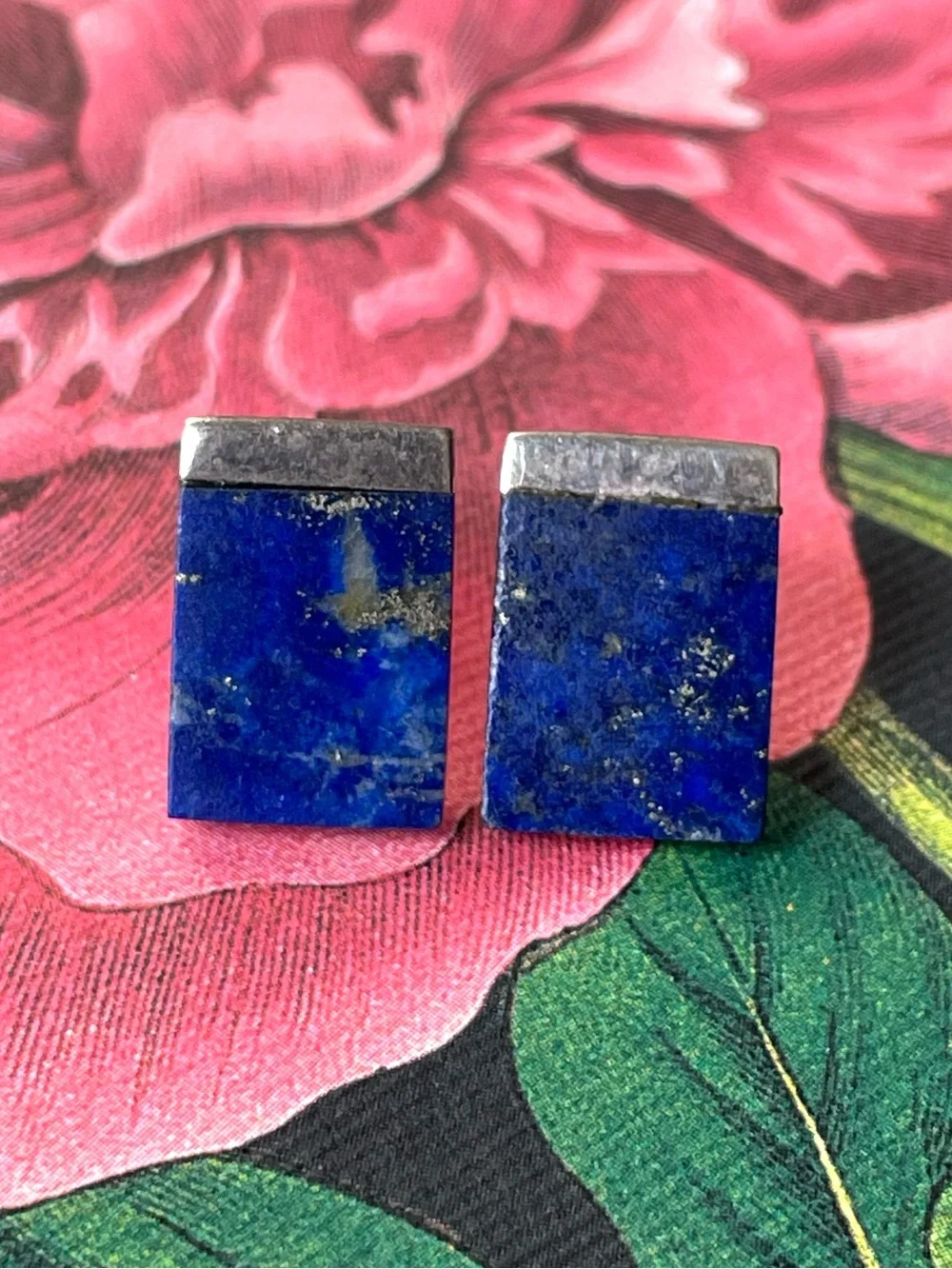 Vintage stamped 925 sterling silver & lapis lazuli (?) earrings boho